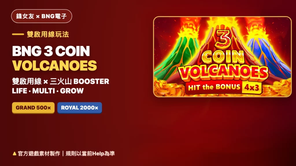 BNG 3 Coin Volcanoes玩法｜三座火山、Booster與Royal 2000x